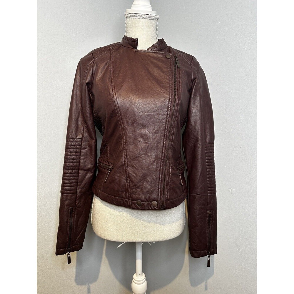 Jou Jou Women's Maroon Vegan Leather Fitted Moto‎ Style Jacket Size Small